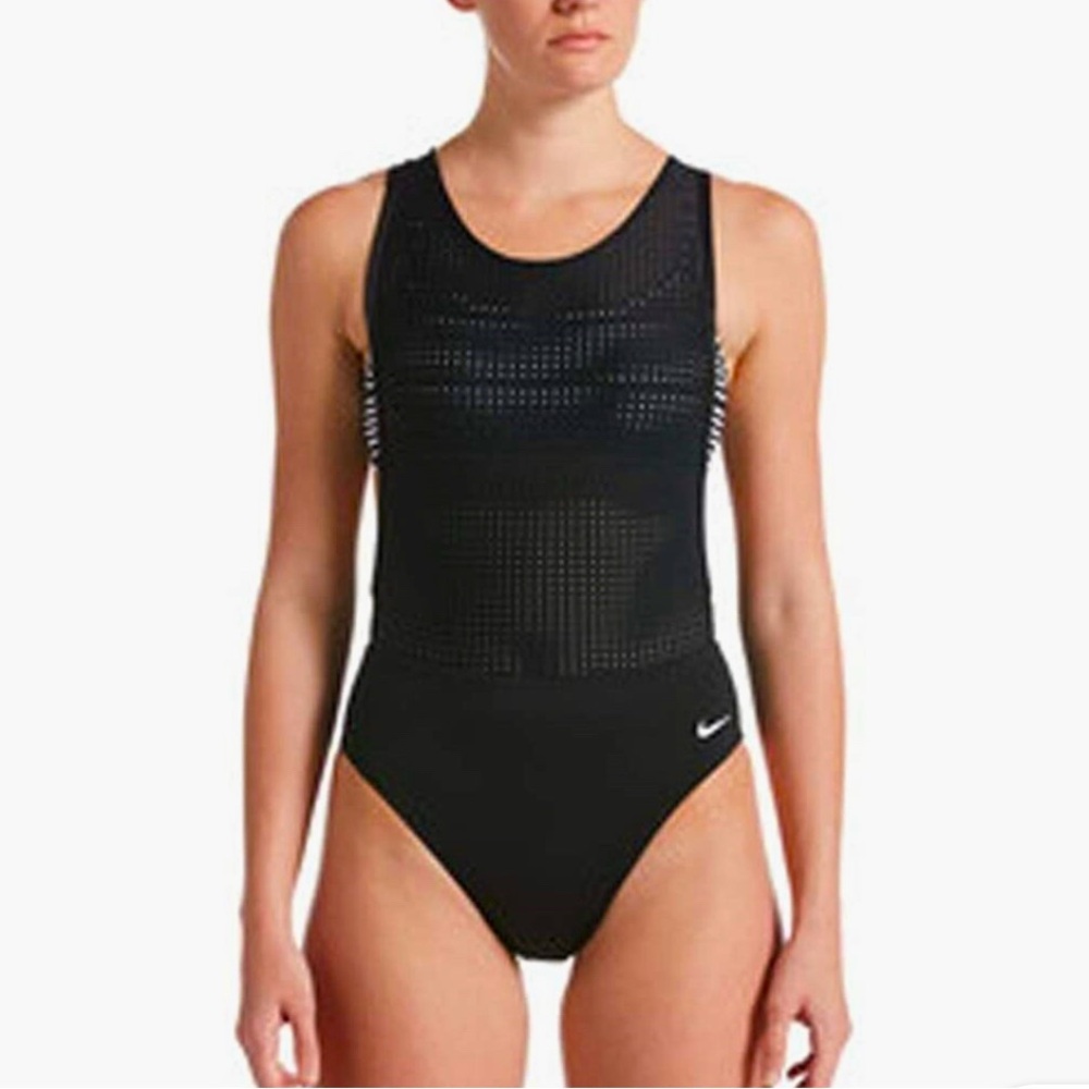 NIKE Woman’s Sport Mesh Convertible Layered One-Piece Swimsuit - Blk/Wht Sz Med
